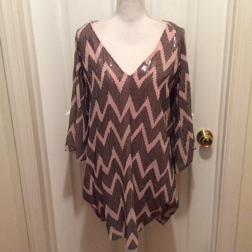 Corey Lynn Calter Dress 10 Beige Black-Silver Sequins V-Neck Bell Sleeves